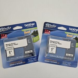 NEW Brother 2PK TZe-251 Continuous Label Tape, Pet Black On White 1" W, 26.2 Ft